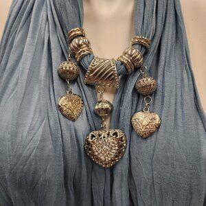 New Pretty Angel Pendant Scarf  - Silvertone Heart & Beads